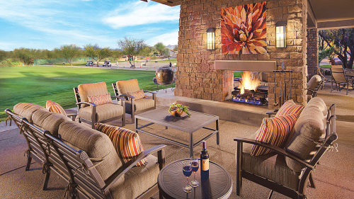 Patio and fireplace at the Madera Clubhouse in Quail Creek
